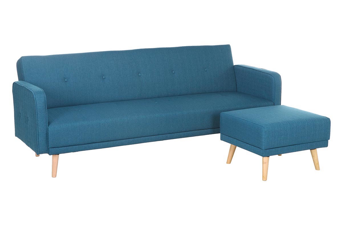 Canap� convertible scandinave 3 places avec repose-pieds en tissu bleu canard et bois clair ULLA