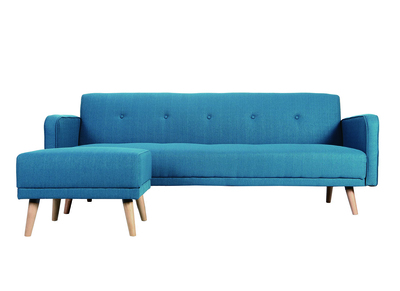 Canap&eacute; convertible scandinave 3 places avec repose-pieds en tissu bleu canard et bois clair ULLA