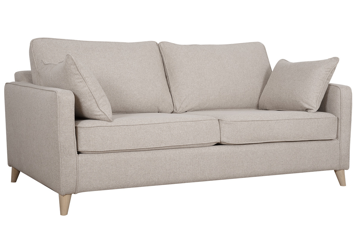 Canap� convertible scandinave 3 places en tissu beige et bois clair avec matelas 10 cm PAPEL
