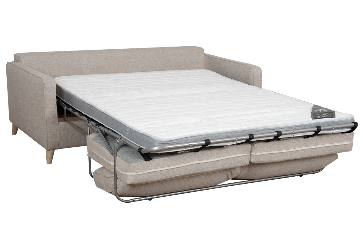 Canap� convertible scandinave 3 places en tissu beige et bois clair avec matelas 10 cm PAPEL