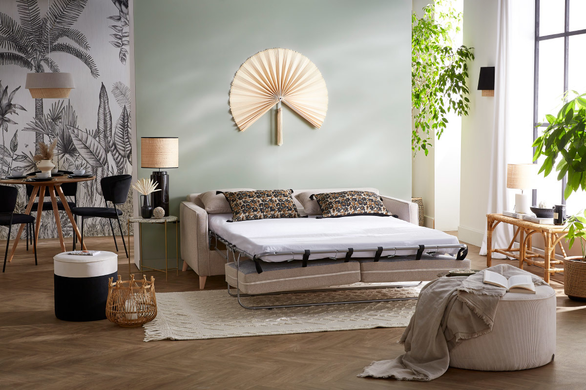 Canap� convertible scandinave 3 places en tissu beige et bois clair avec matelas 10 cm PAPEL