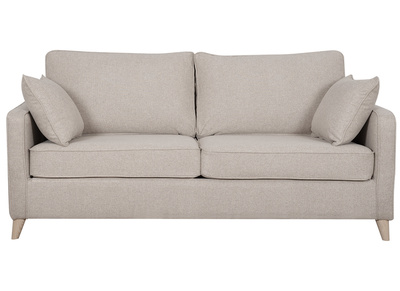 Canap&eacute; convertible scandinave 3 places en tissu beige et bois clair avec matelas 10 cm PAPEL