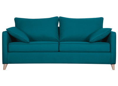 Canap&eacute; convertible scandinave 3 places en tissu bleu canard et bois clair avec matelas 10 cm PAPEL