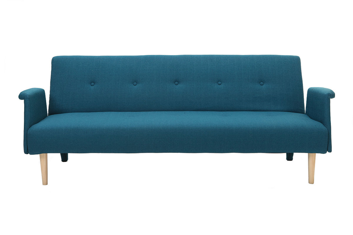 Canap� convertible scandinave 3 places bleu canard avec dossier capitonn� et pieds en bois clair, vue de face.
