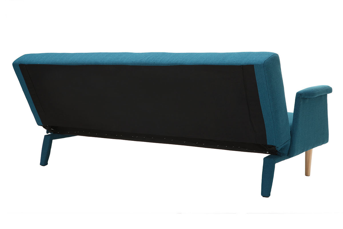Canap� convertible scandinave OSCAR vue de dos, en tissu bleu canard avec pi�tement en bois clair.