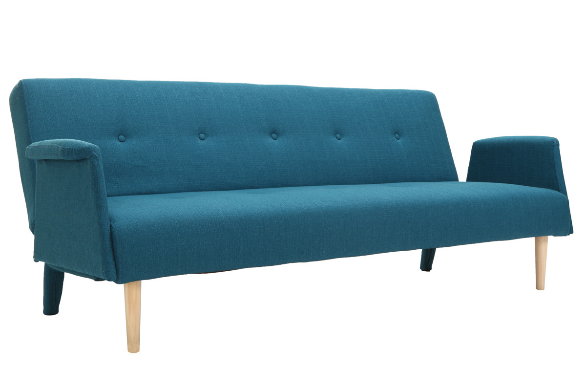 Canap� convertible scandinave 3 places bleu canard avec accoudoirs, vue de 3/4