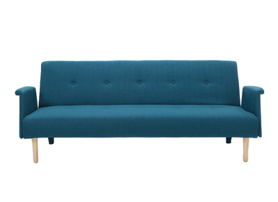 Canap&eacute; convertible scandinave 3 places en tissu bleu canard et bois clair OSCAR