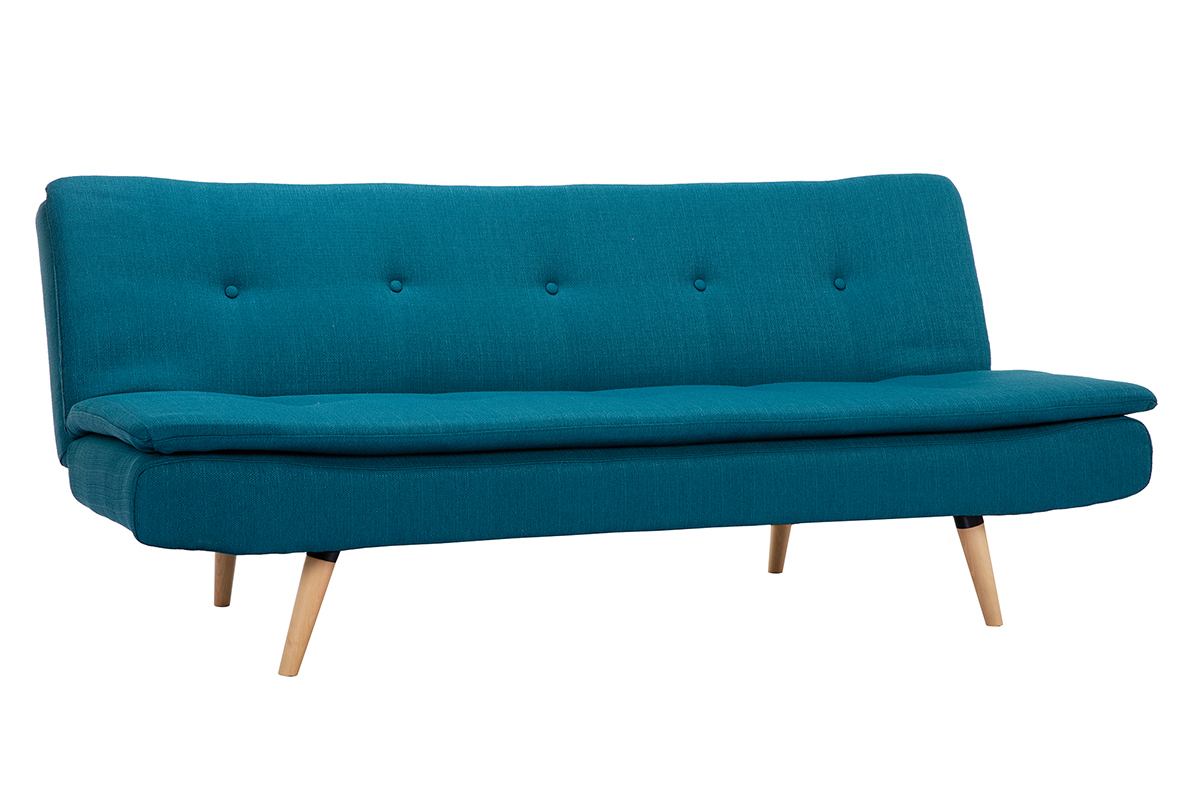 Canap� convertible scandinave 3 places en tissu bleu canard et bois clair SENSO