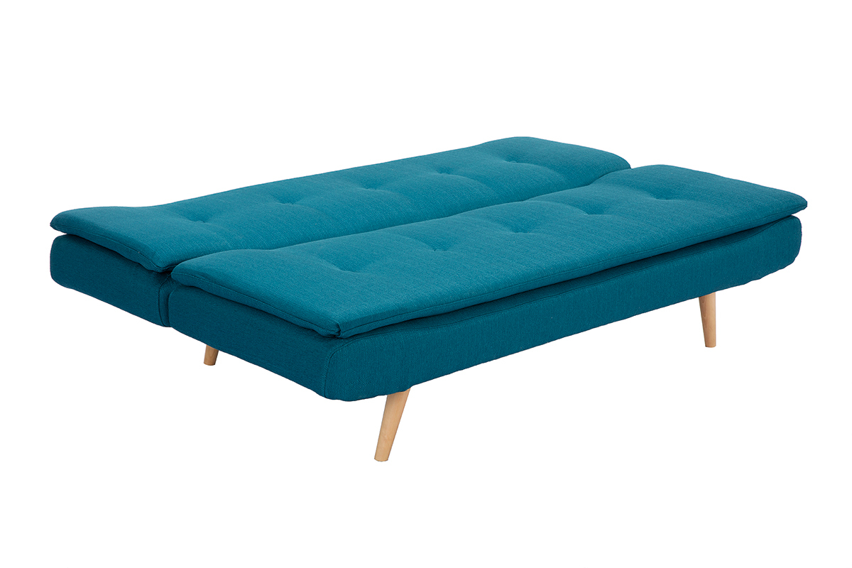 Canap� convertible scandinave 3 places en tissu bleu canard et bois clair SENSO