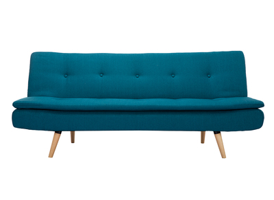 Canap&eacute; convertible scandinave 3 places en tissu bleu canard et bois clair SENSO