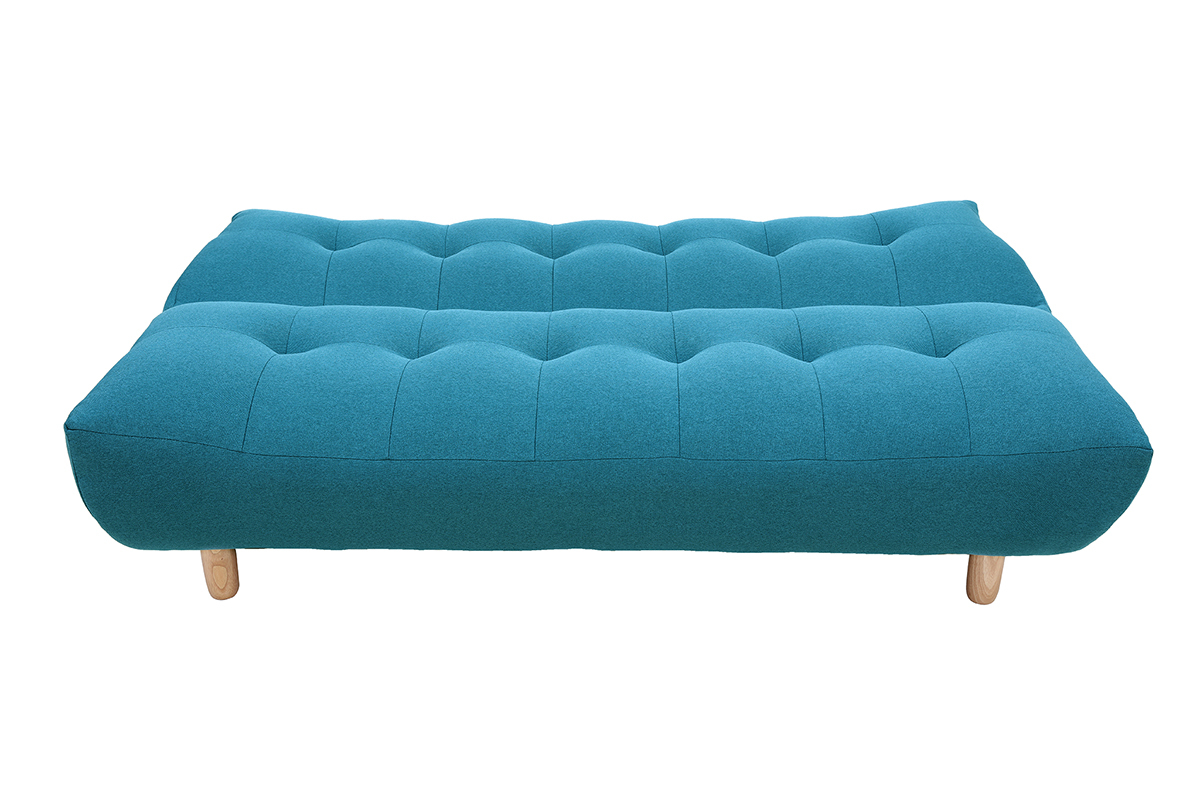 Canap� convertible bleu canard en position lit, vue de face, pieds en bois clair.