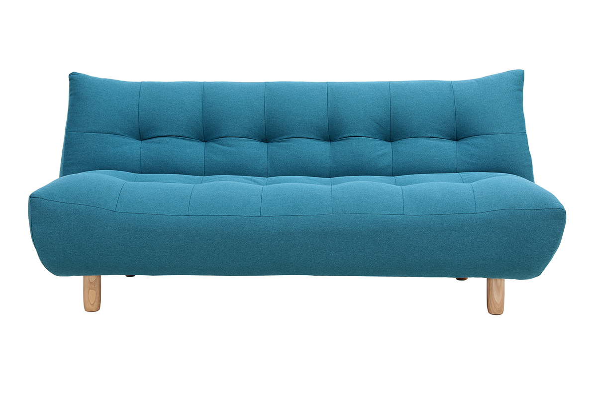 Canap� convertible scandinave 3 places en tissu bleu, vue de face.