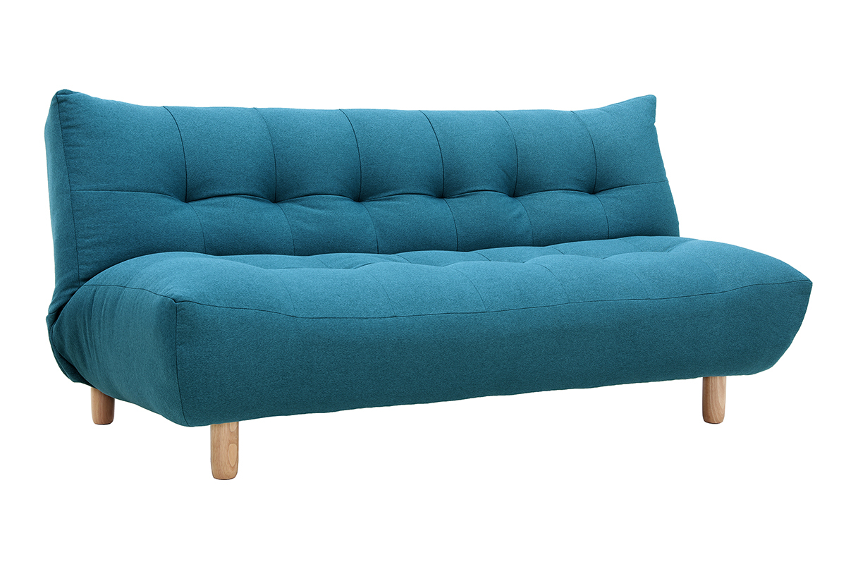 Canap� convertible 3 places en tissu bleu canard avec pieds en bois clair, vue de trois quarts.