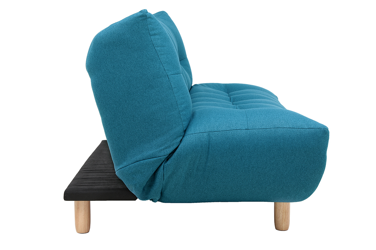 Canap� convertible 3 places bleu canard, vue de c�t�, pieds en bois clair.