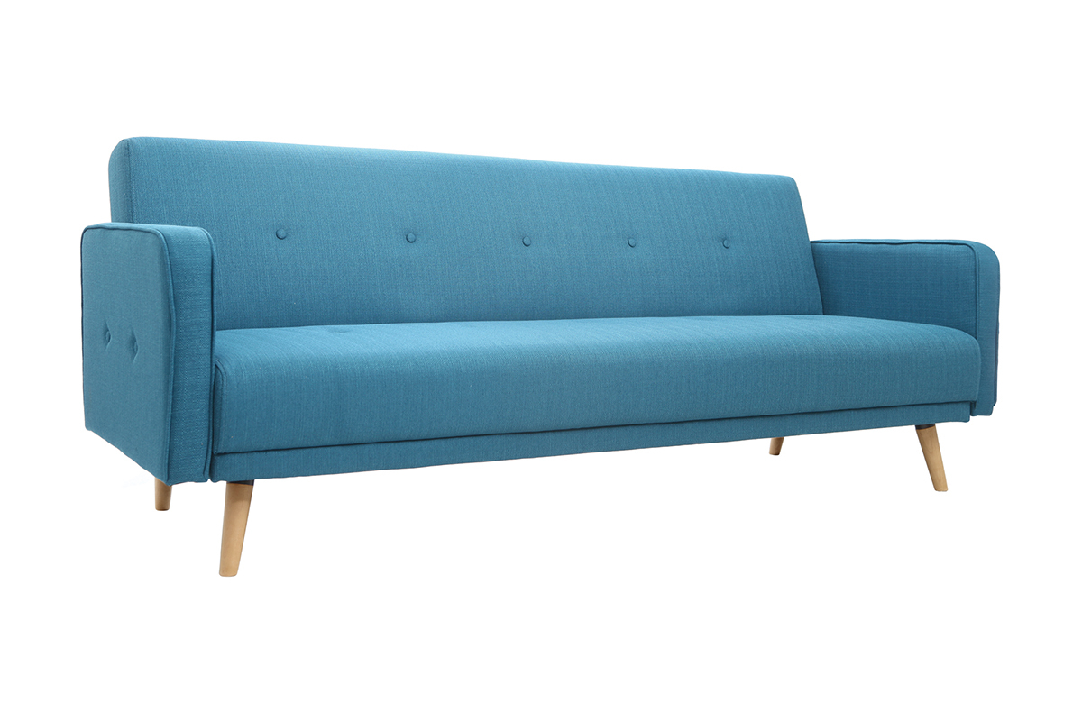 Canap� convertible 3 places en tissu bleu avec pieds en bois clair, vue de 3/4.