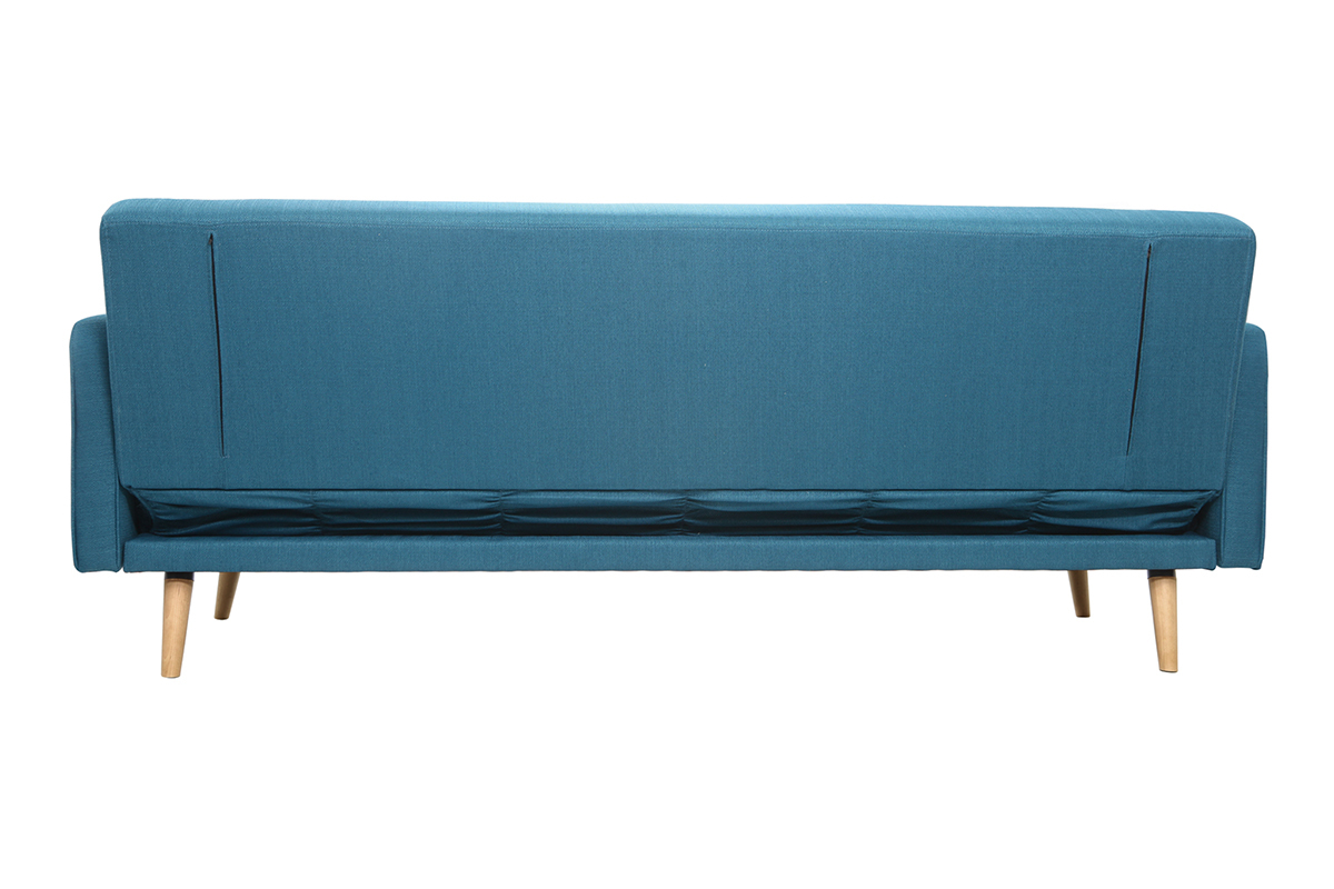Canap� convertible scandinave bleu vu de dos, pieds en bois clair.