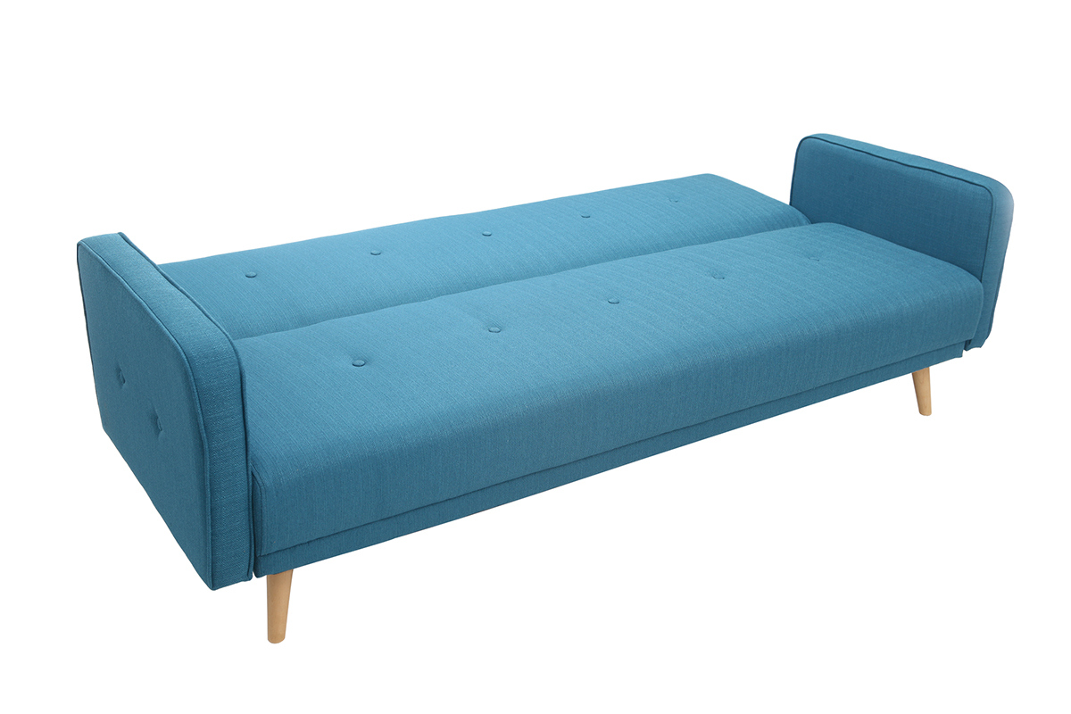 Canap� convertible bleu 3 places en position lit, pieds en bois clair, vue de c�t�.
