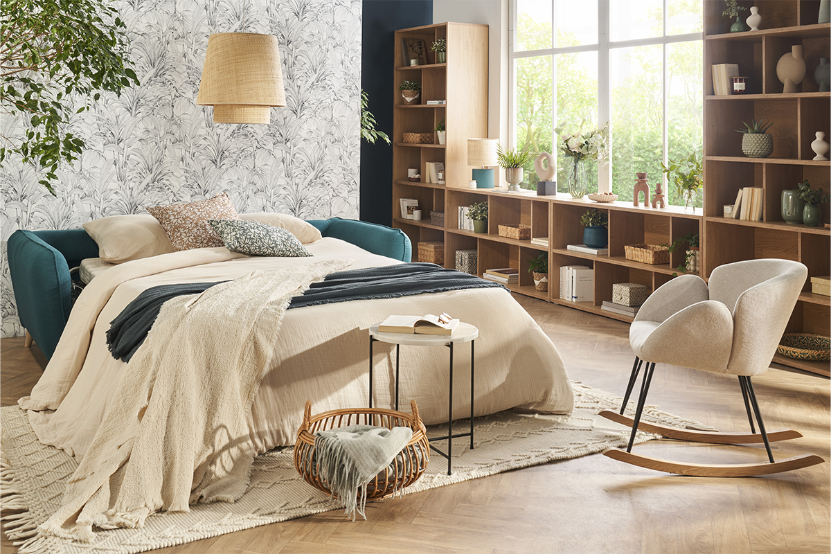 Canap� convertible scandinave 3 places en tissu bleu paon et bois clair avec matelas 10 cm CREEP