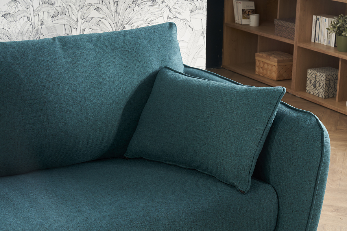 Canap� convertible scandinave 3 places en tissu bleu paon et bois clair avec matelas 10 cm CREEP