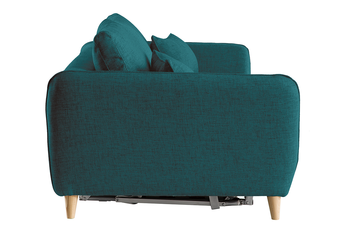 Canap� convertible scandinave 3 places en tissu bleu paon et bois clair avec matelas 10 cm CREEP