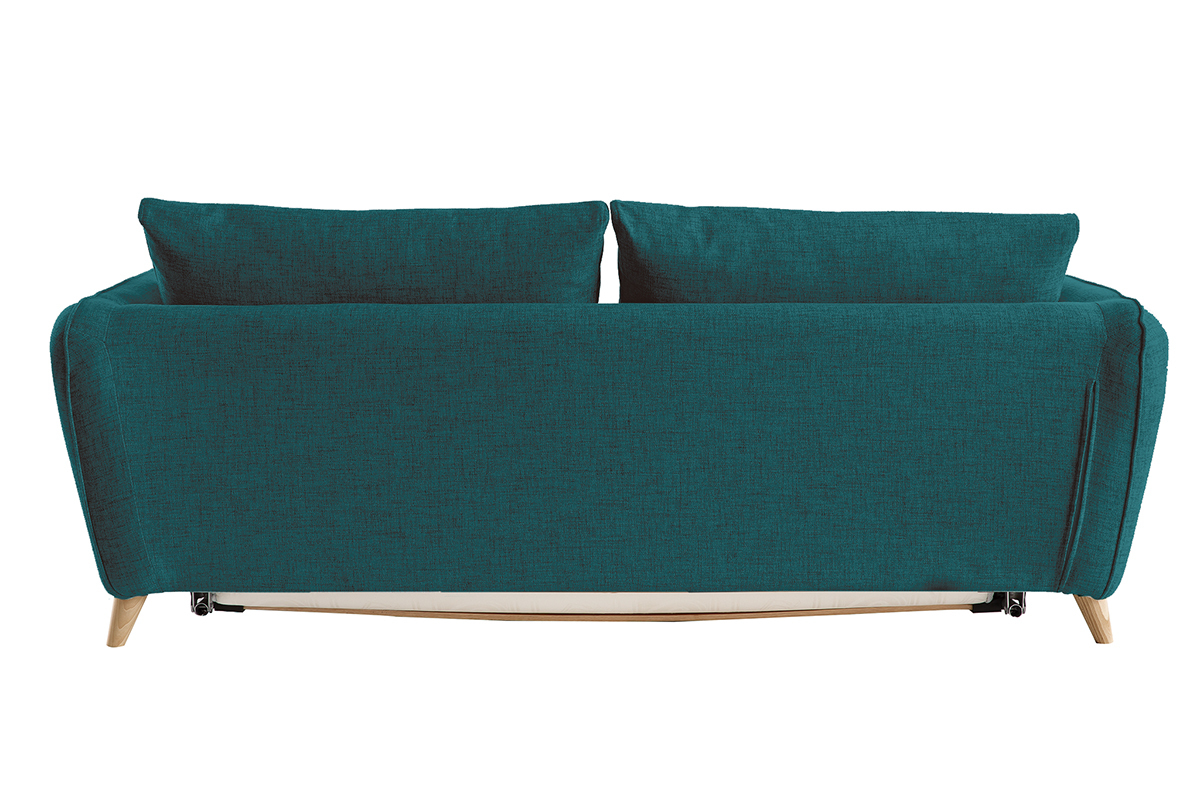 Canap� convertible scandinave 3 places en tissu bleu paon et bois clair avec matelas 10 cm CREEP