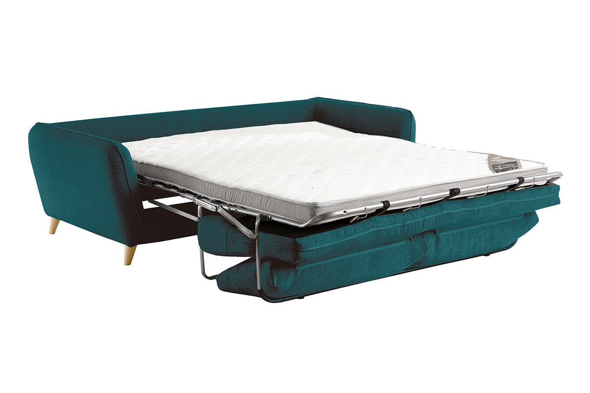 Canap� convertible scandinave 3 places en tissu bleu paon et bois clair avec matelas 10 cm CREEP