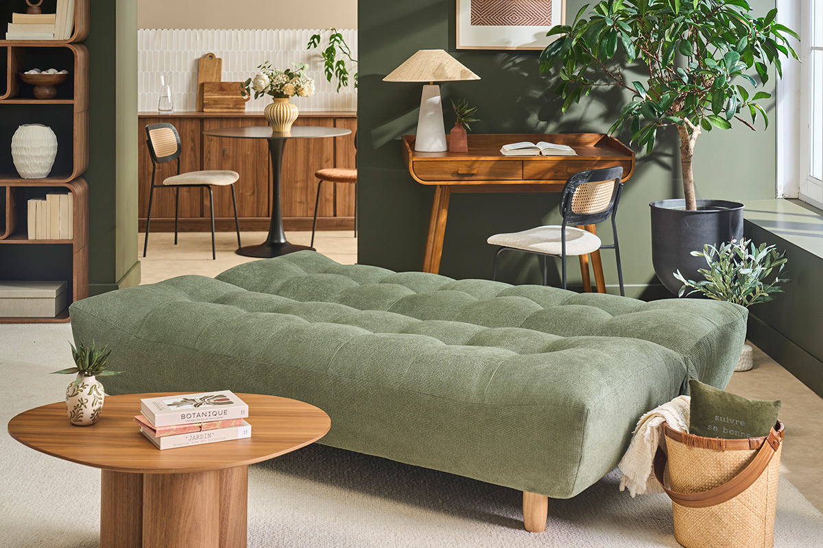 Canap� convertible scandinave 3 places en tissu chenille vert kaki et bois clair YUMI
