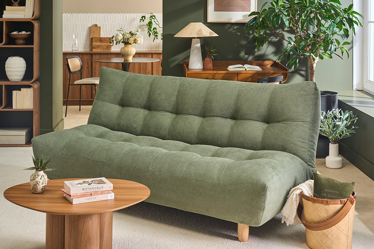Canap� convertible scandinave 3 places en tissu chenille vert kaki et bois clair YUMI
