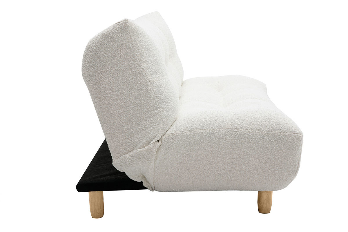 Canap� convertible scandinave 3 places en tissu effet laine boucl�e blanc et bois clair YUMI