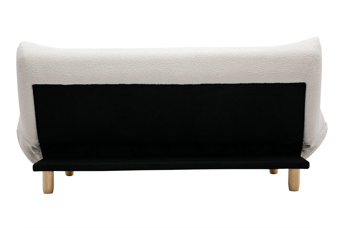 Canap� convertible scandinave 3 places en tissu effet laine boucl�e blanc et bois clair YUMI