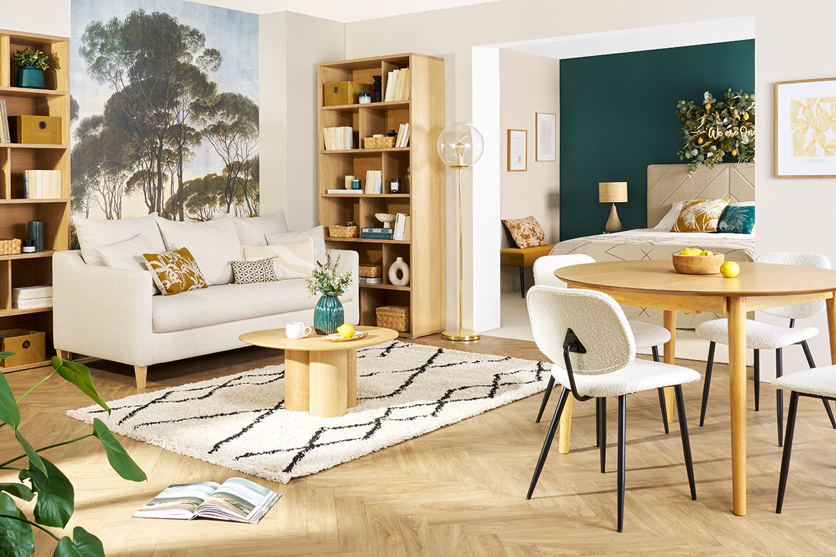 Canap� convertible scandinave 3 places en tissu effet velours beige et bois clair LOUISE