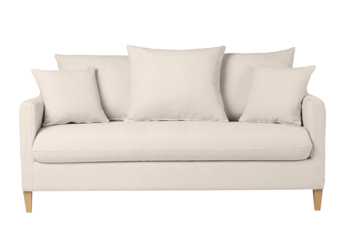 Canap� convertible scandinave 3 places en tissu effet velours beige et bois clair LOUISE