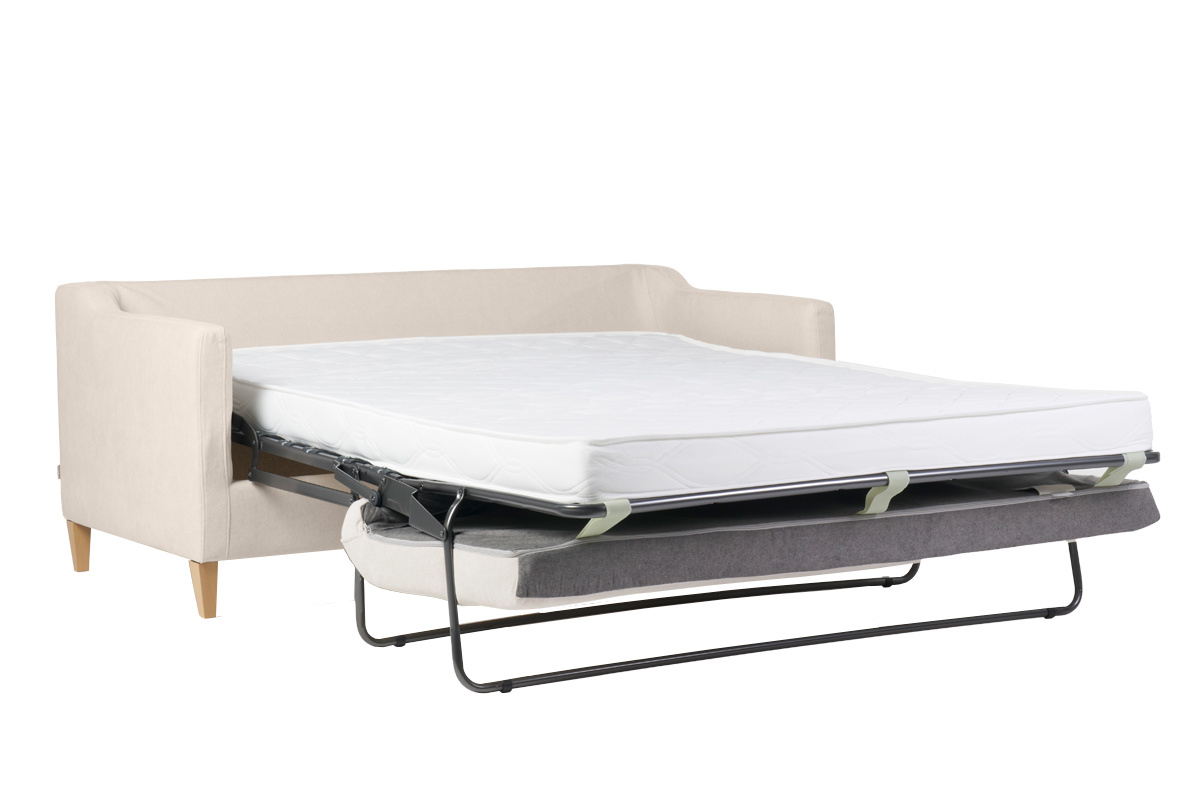 Canap� convertible scandinave 3 places en tissu effet velours beige et bois clair LOUISE