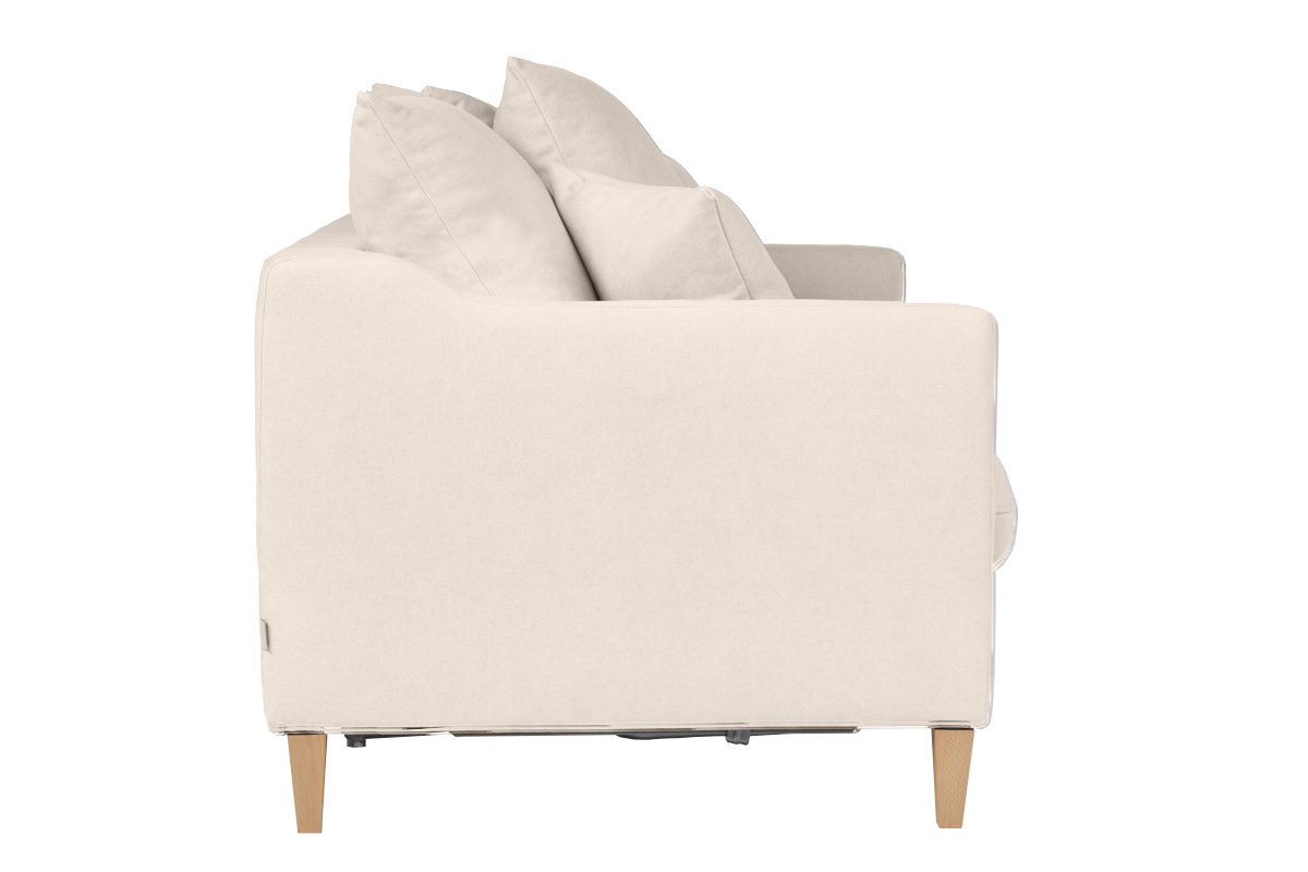 Canap� convertible scandinave 3 places en tissu effet velours beige et bois clair LOUISE