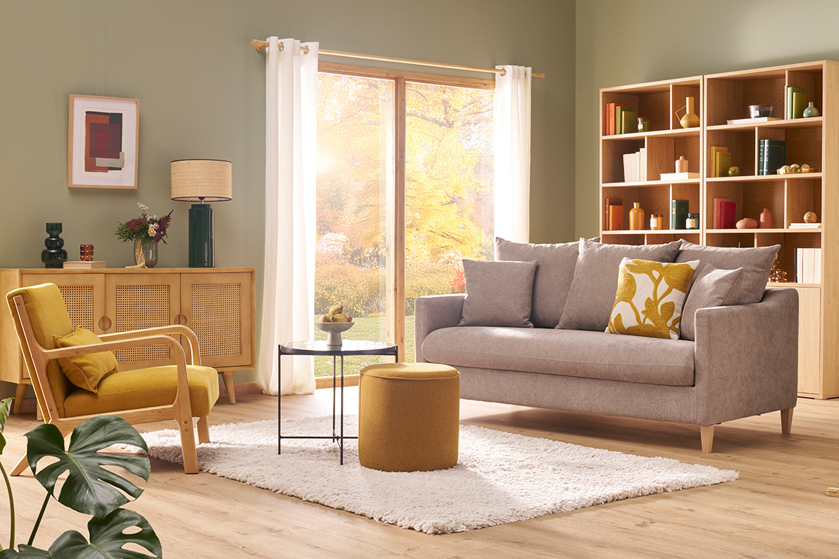 Canap� convertible scandinave 3 places en tissu effet velours taupe et bois clair LOUISE