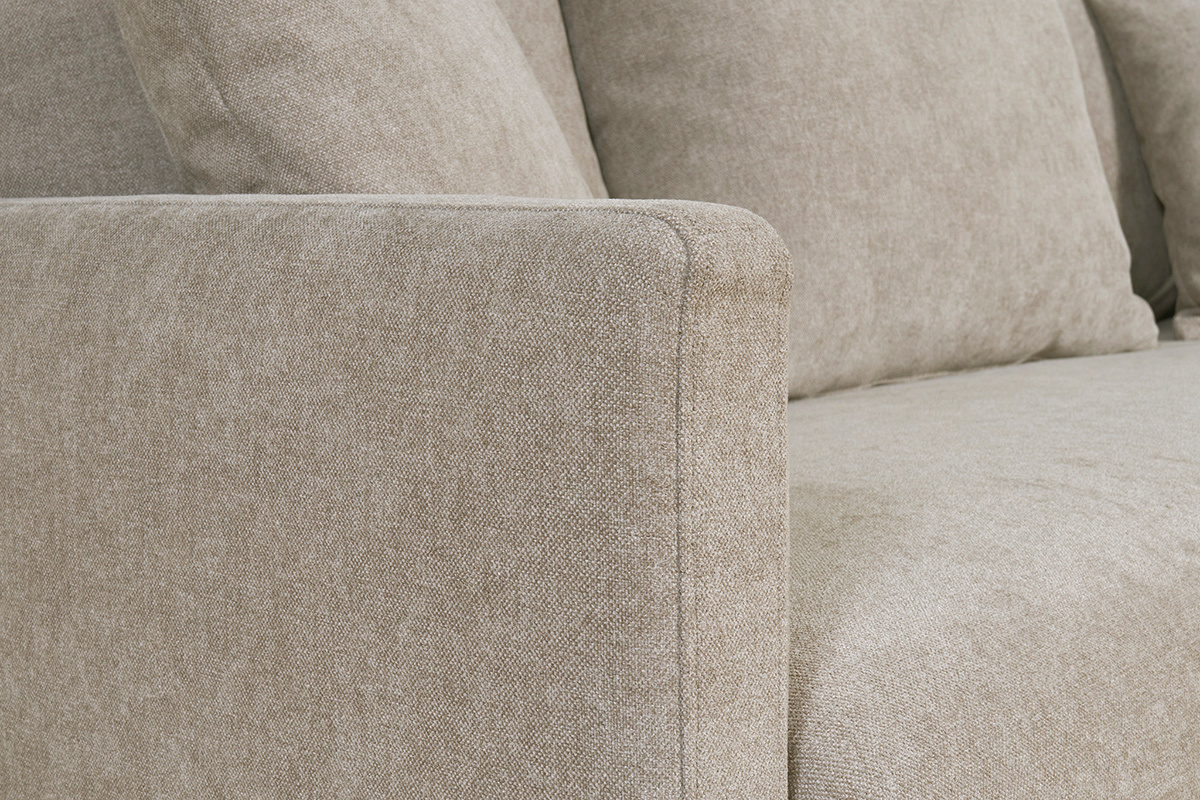 Canap� convertible scandinave 3 places en tissu effet velours taupe et bois clair LOUISE