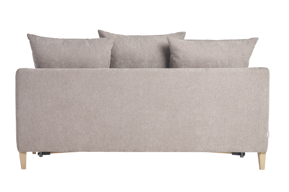 Canap� convertible scandinave 3 places en tissu effet velours taupe et bois clair LOUISE