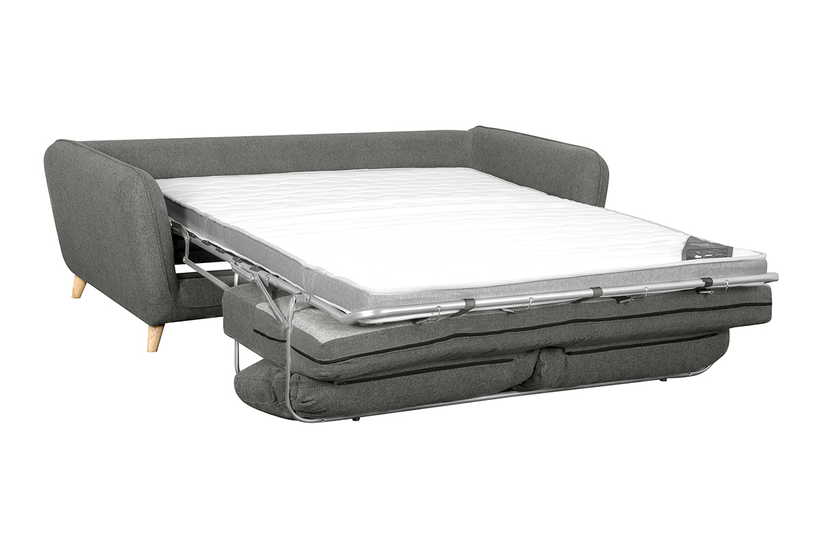 Canap� convertible scandinave 3 places en tissu gris anthracite et bois clair avec matelas 10 cm CREEP