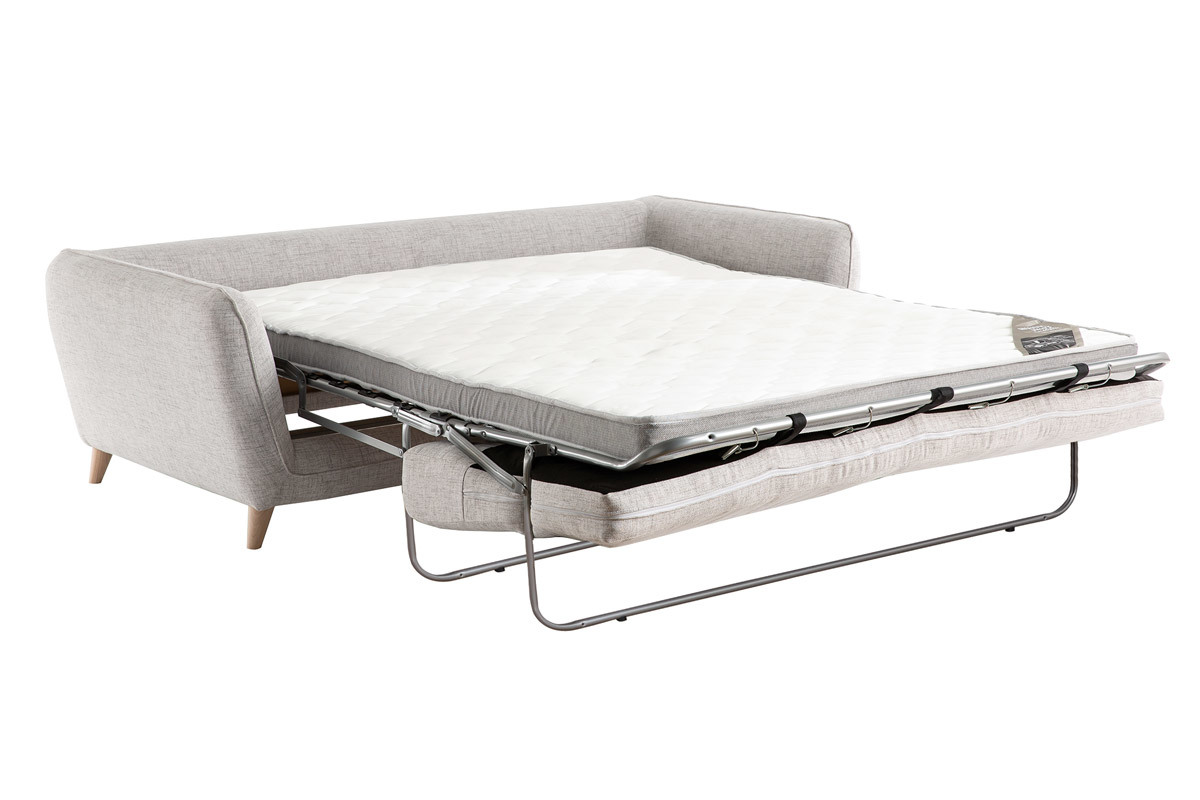 Canap� convertible scandinave 3 places en tissu gris clair chin� et bois clair avec matelas 10 cm CREEP