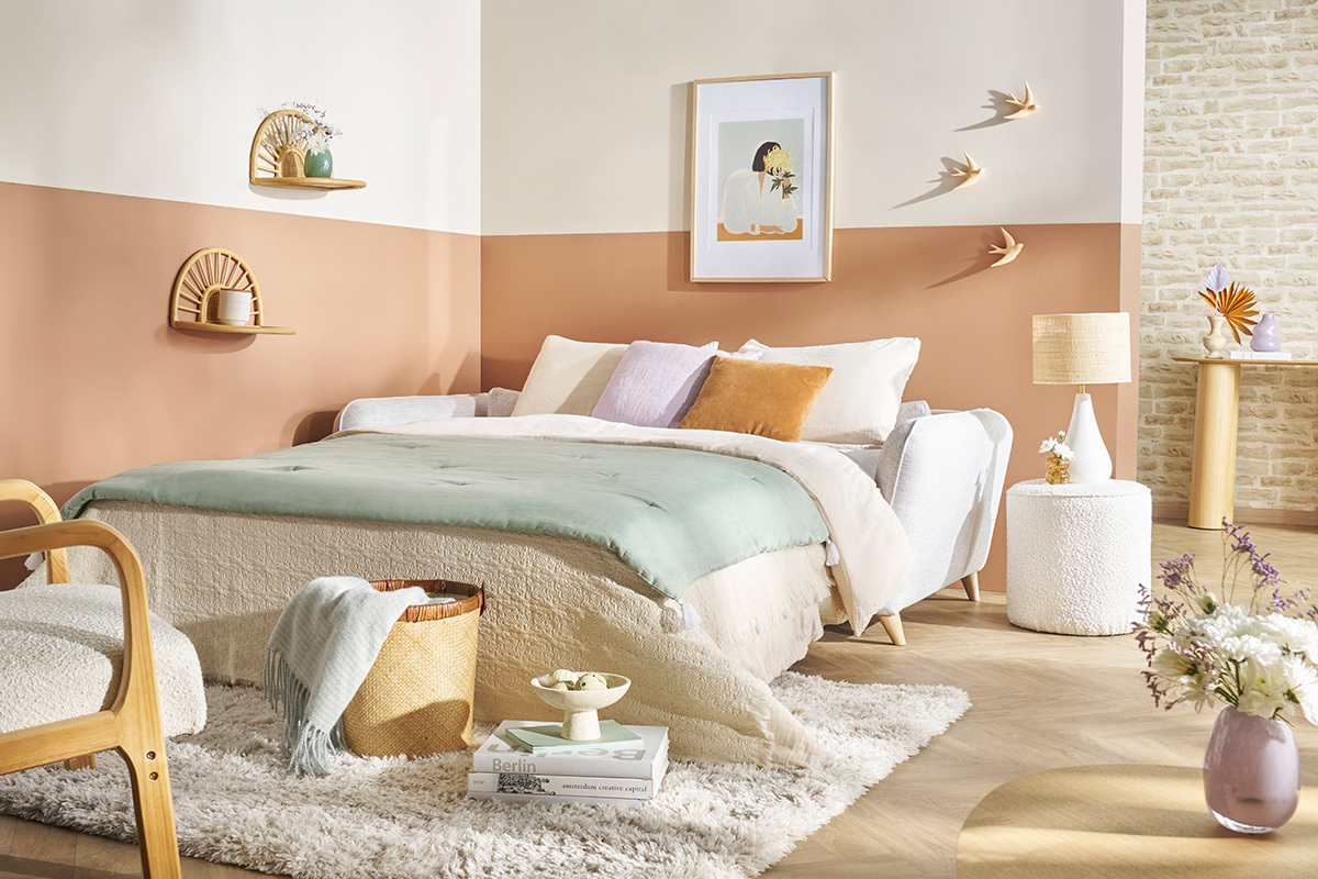 Canap� convertible scandinave 3 places en tissu gris clair chin� et bois clair avec matelas 10 cm CREEP