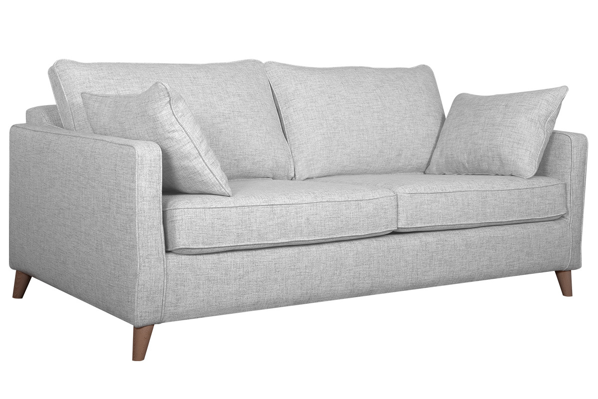 Canap� convertible scandinave 3 places en tissu gris clair et bois clair avec matelas 10 cm PAPEL