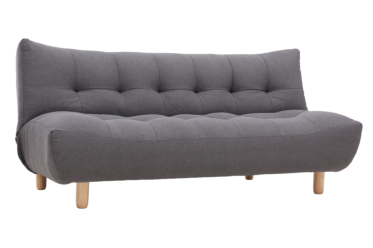 Canap� convertible 3 places en tissu gris fonc� avec pieds en bois clair, vue de trois-quarts.