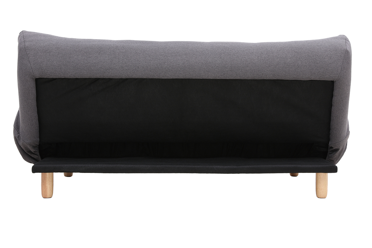 Vue arri�re d'un canap� convertible YUMI 3 places en tissu gris fonc� et bois clair, pieds en ch�ne visibles.