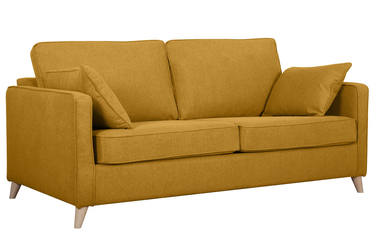 Canap� convertible scandinave 3 places en tissu jaune cumin et bois clair avec matelas 10 cm PAPEL