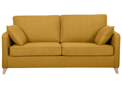 Canap&eacute; convertible scandinave 3 places en tissu jaune cumin et bois clair avec matelas 10 cm PAPEL
