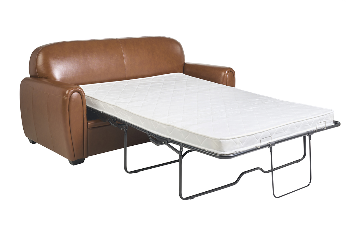 Canap� convertible vintage 3 places en cuir marron avec matelas ouvert, angle de profil.