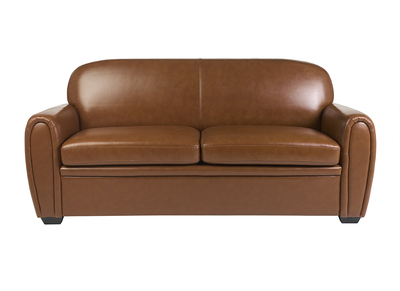 Canap&eacute; convertible vintage 3 places cuir marron et bois noir avec matelas 9 cm CLUB