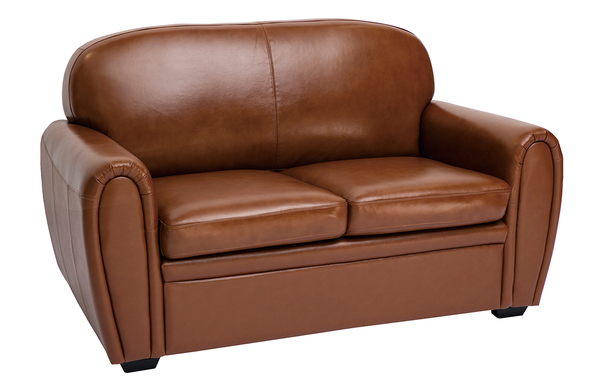 Canap� cuir vintage 2 places marron et bois noir CLUB