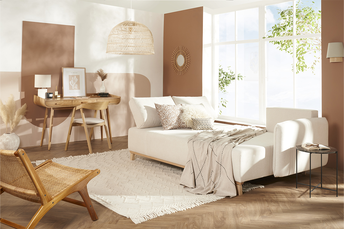 Canap� d'angle convertible et r�versible 3-4 places en tissu effet velours beige et bois clair ROMANE