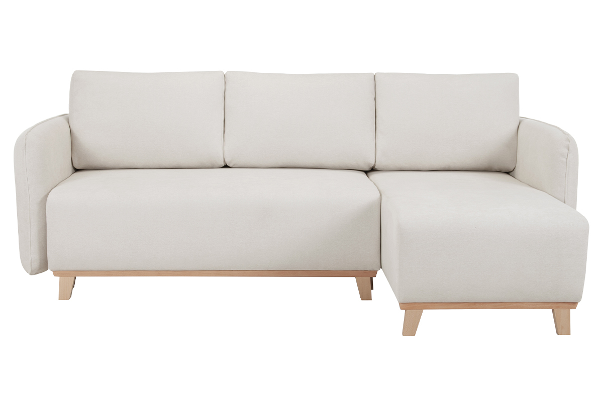 Canap� d'angle convertible et r�versible 3-4 places en tissu effet velours beige et bois clair ROMANE